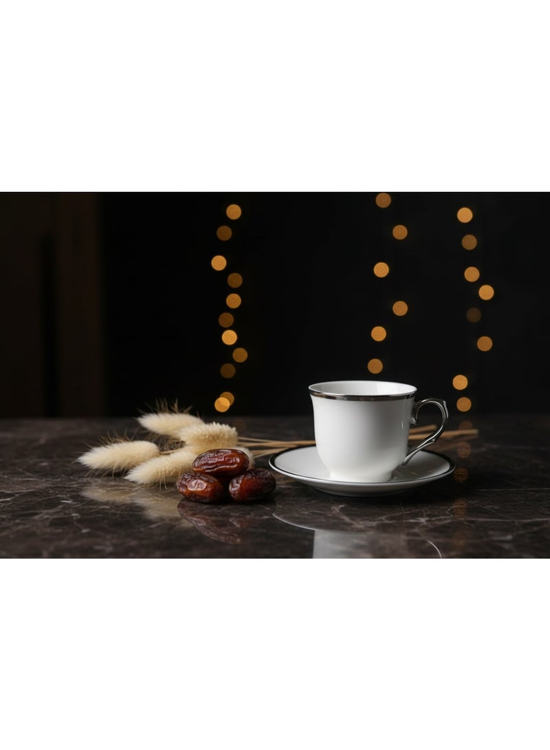 AKDC BAYTIX 6-Piece  Ceramic Tea Cup & Saucer Set | 100ml Tea Cups| Silver Rim Espresso Set - Image 3