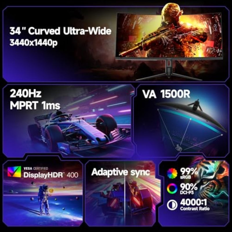 34 inch Gaming Monitor, 2 units, gamers and professionals, curved ultrawide VA panel, ultra-smooth 240Hz refresh rate with 1ms MPRT, black, HDR400 and Adaptive Sync support - Image 2