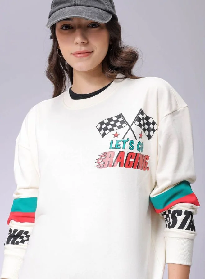 Women Boxy Fit Racing Printed Crew Neck Long Sleeve Oversized Sweatshirt