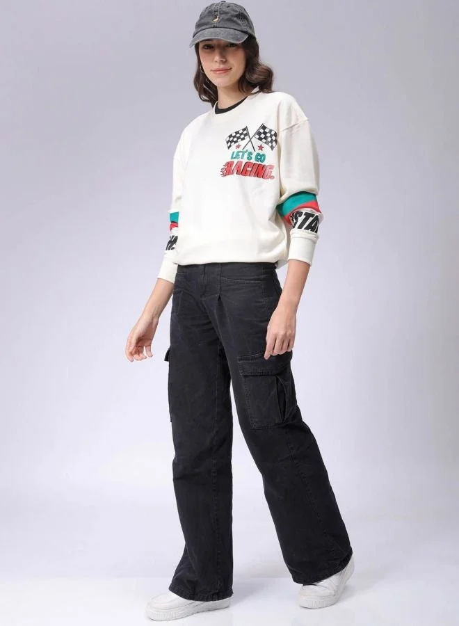 Freehand  Women Boxy Fit Racing Printed Crew Neck Long Sleeve Oversized Sweatshirt  | Best Price UAE