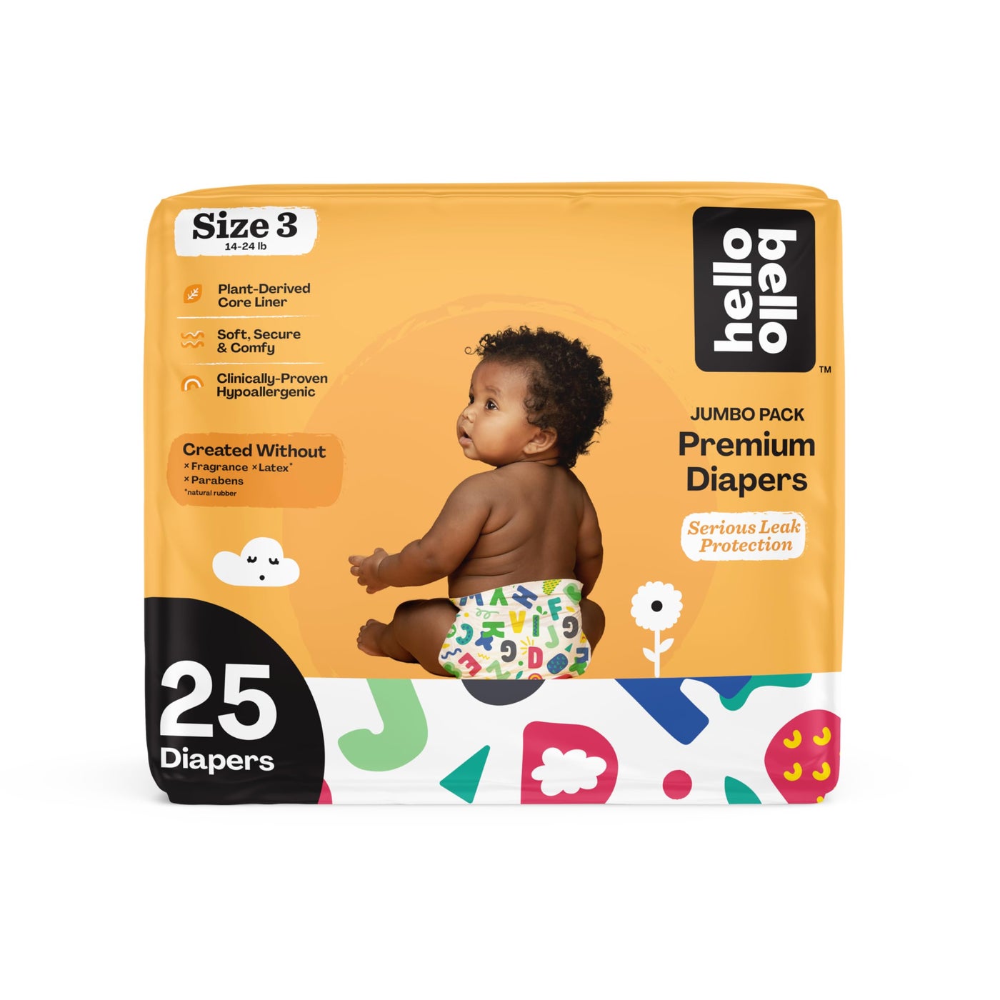 Hello Bello Premium Baby Diapers Size 3 25 Count of Disposable ExtraAbsorbent Hypoallergenic Baby Diapers with Snug and Comfort Fit Alphabet Soup