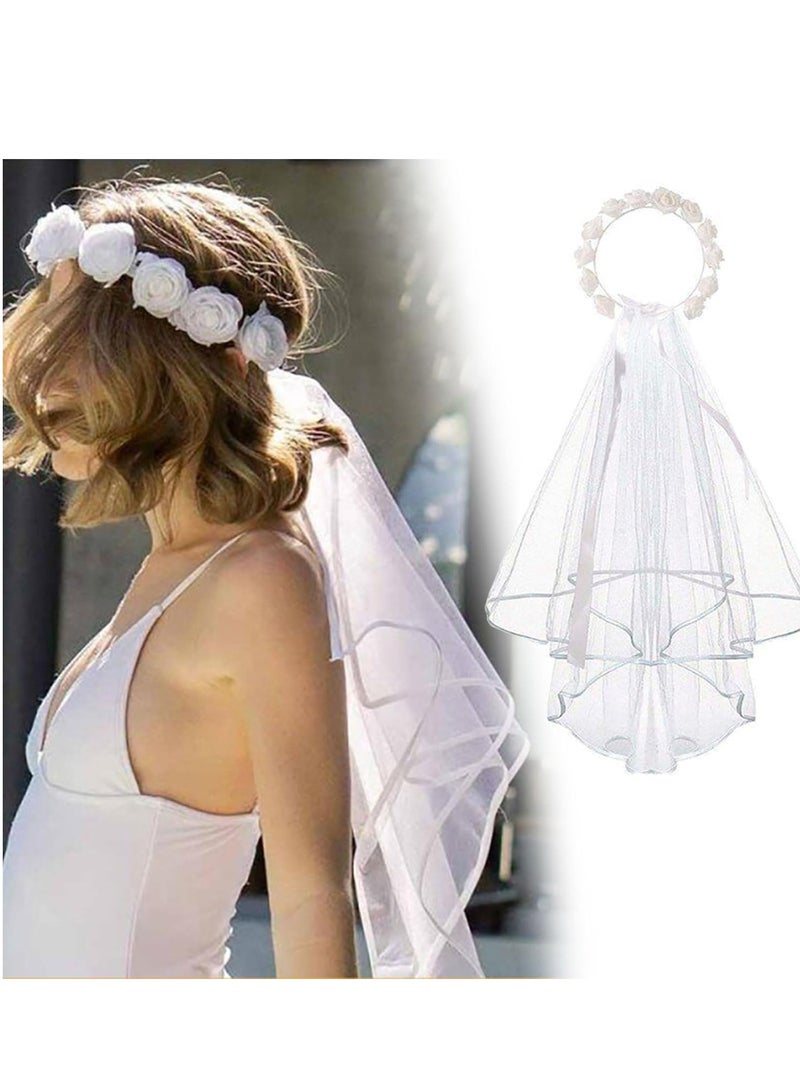 Elegant Floral Bridal Headband With Veil, Wedding Headpiece, Flower Wreath Veil For Bachelorette And Wedding Parties - Image 1