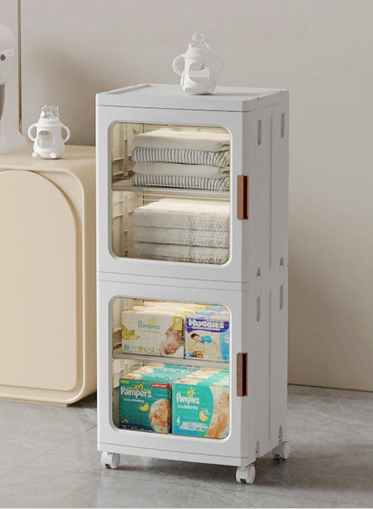 Generic Storage Cabinet Plastic Foldable Storage Box with Clear Doors and Movable Wheels Kitchen Organizer for Small Space, Bathroom, Kitchen,Bedroom(2Tier,White） ﻿ - Image 1