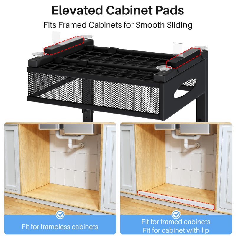 PXRACK Under Sink Organizer, 2 Pack 2 Tier Pull Out Under Cabinet Organizer Shelf with Pad for Framed Cabinets, Metal Slide Out Under Sink Storage, Mesh Sliding Drawers for Kitchen Bathroom Laundry, Black - Image 3