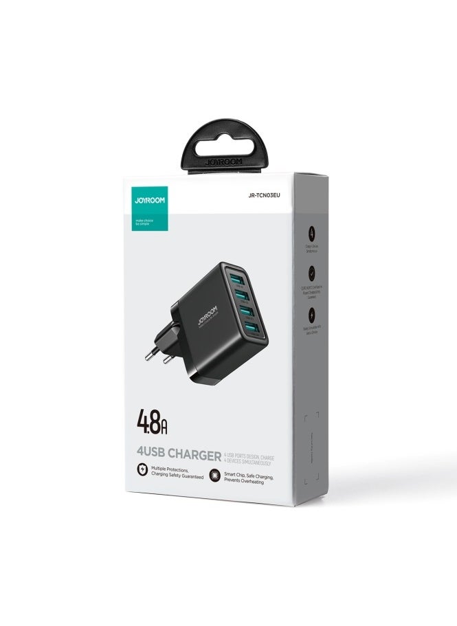 JOYROOM The JOYROOM JR-TCN03 is a multi-port wall charger with four USB-A ports, designed to charge up to four devices simultaneously. It features smart charging technology that automatically distributes power to ensure optimal charging for each device.​ Cart - JoCell  - Image 5