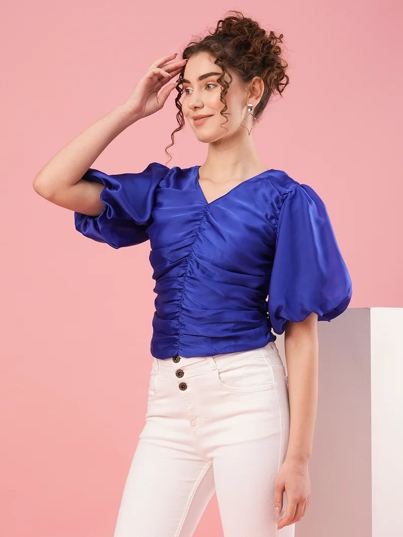 globus Women Blue V-Neck Flutter Sleeve Opaque Crepe Top