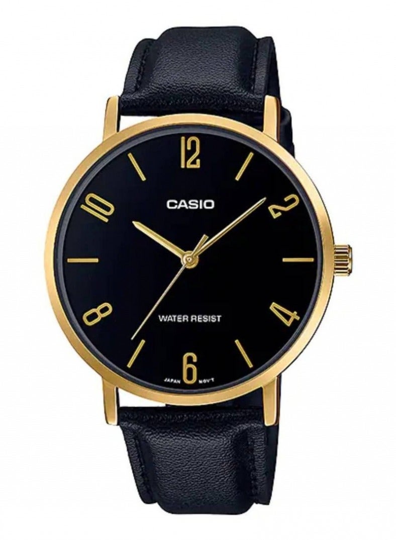 CASIO CASIO MTP-VT01GL-1B2UDF Men's Leather Analog Quartz Wrist Watch, 40mm, Black Gold - Image 1