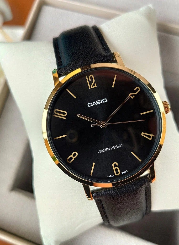CASIO CASIO MTP-VT01GL-1B2UDF Men's Leather Analog Quartz Wrist Watch, 40mm, Black Gold - Image 3