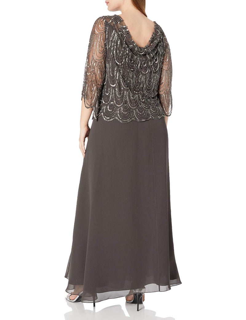 J Kara Women's 3/4 Scallop Beaded Pop Over Gown Dress, Slate/Mercury/Gun, 6 - Image 4