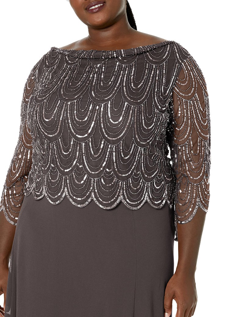 J Kara Women's 3/4 Scallop Beaded Pop Over Gown Dress, Slate/Mercury/Gun, 6 - Image 3