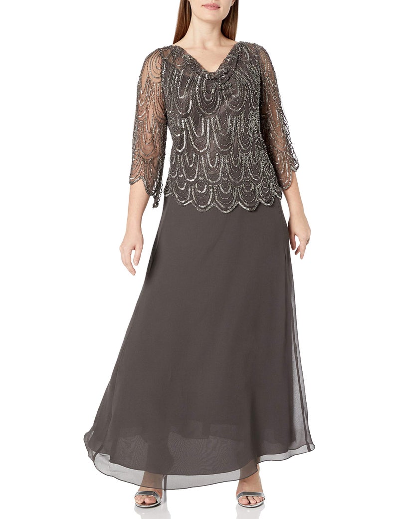 J Kara Women's 3/4 Scallop Beaded Pop Over Gown Dress, Slate/Mercury/Gun, 6 - Image 5