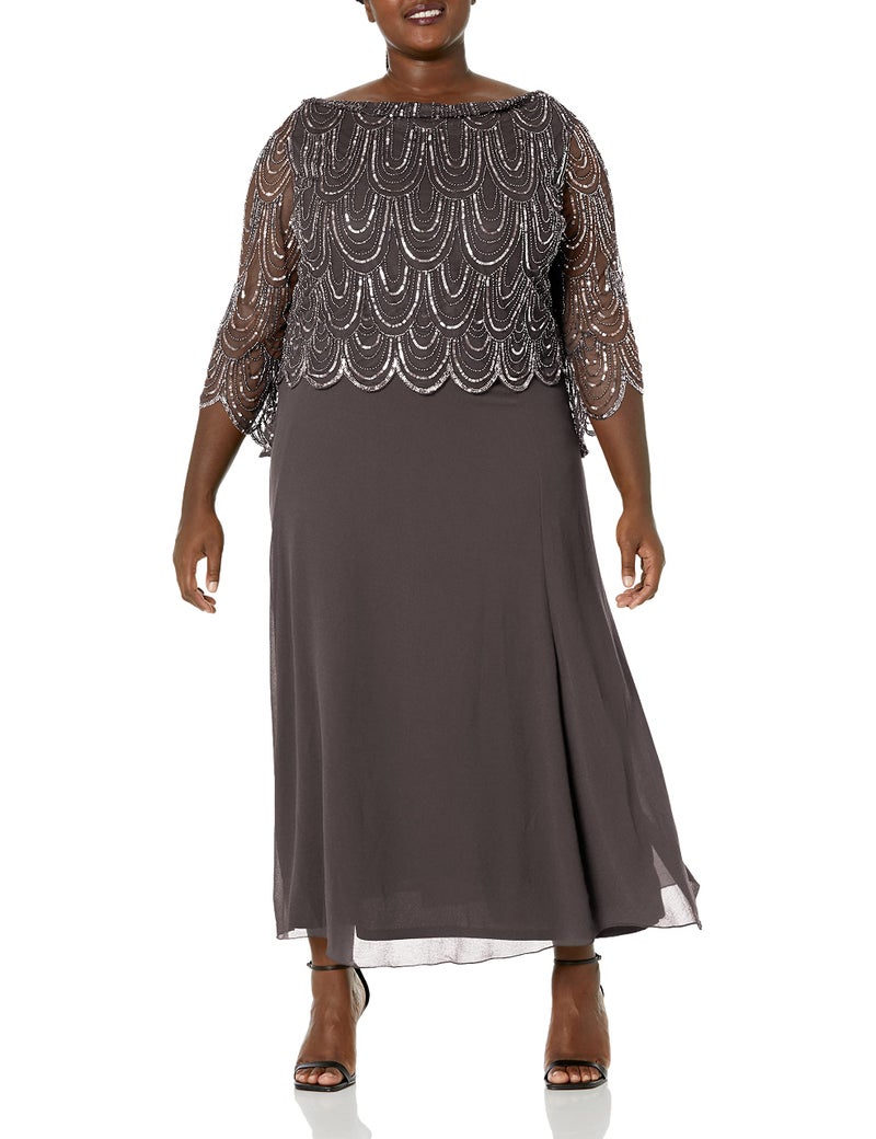 J Kara Women's 3/4 Scallop Beaded Pop Over Gown Dress, Slate/Mercury/Gun, 6 - Image 1