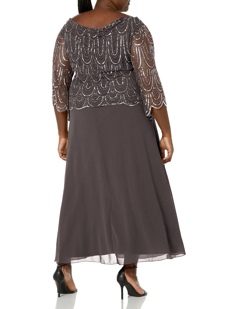 J Kara Women's 3/4 Scallop Beaded Pop Over Gown Dress, Slate/Mercury/Gun, 6 - Image 2