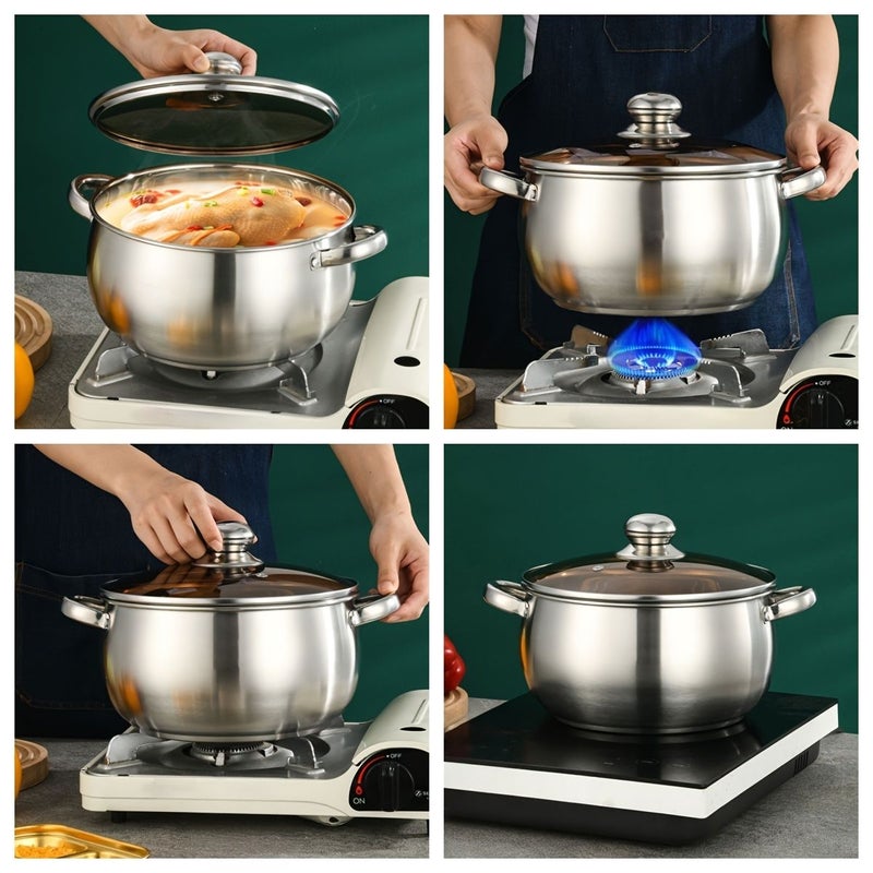 وعاء شورب بريميم مقوس من الفولاذ المقاوم للصدأ مع غطاء، طقم من 5 قطع، مقاس 9.45 بوصة، أدوات طهي للحث المغناطيسي مناسبة لطهي اليخنة والمعكرونة والشوربة، للاستخدام في المطاعم والمنزل والتخييم في الهواء الطلق. - Image 1