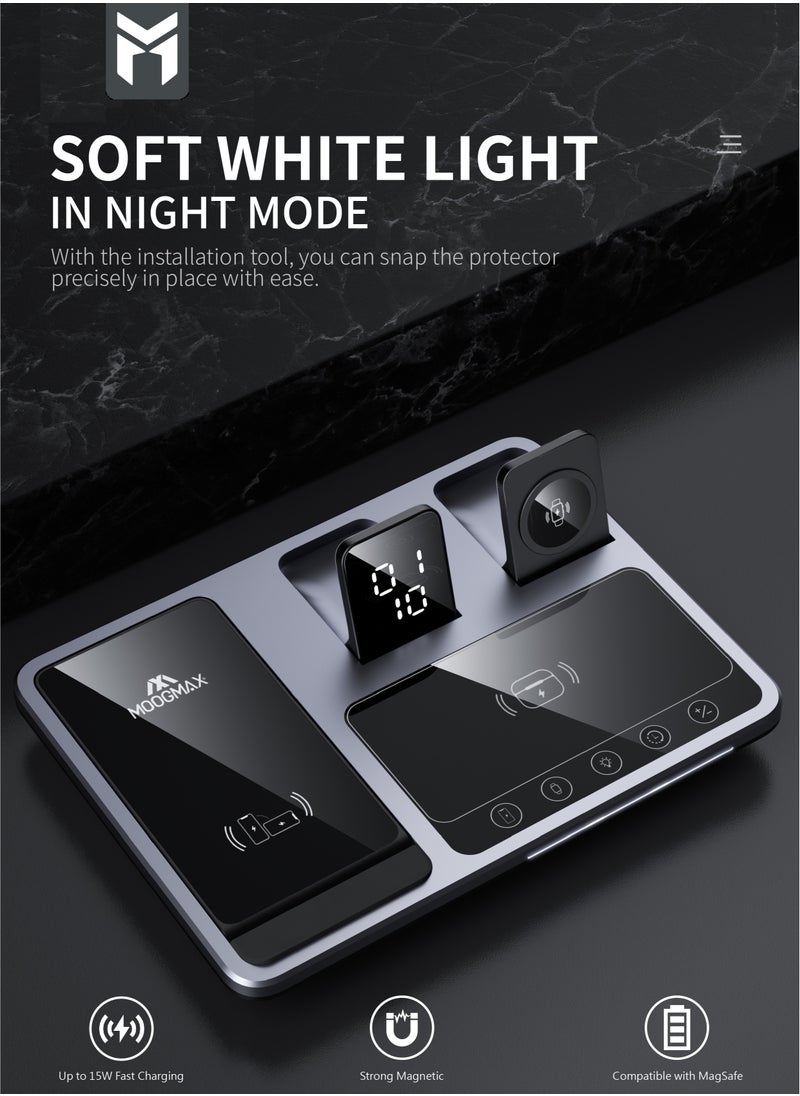 MOOGMAX 4-in-1 wireless charging magsafe 15W support fast charging and intelligent identification of devices Fast charging for three devices at the same time and a clock indicator Support all kinds of phones  - Image 1