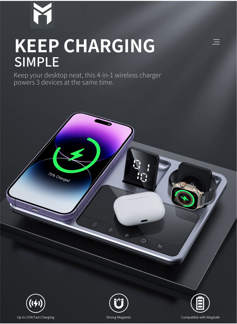 MOOGMAX 4-in-1 wireless charging magsafe 15W support fast charging and intelligent identification of devices Fast charging for three devices at the same time and a clock indicator Support all kinds of phones  - Image 4