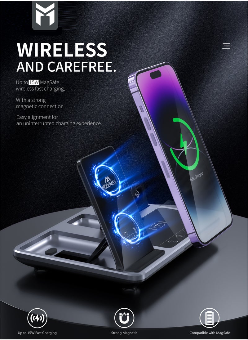 MOOGMAX 4-in-1 wireless charging magsafe 15W support fast charging and intelligent identification of devices Fast charging for three devices at the same time and a clock indicator Support all kinds of phones  - Image 2