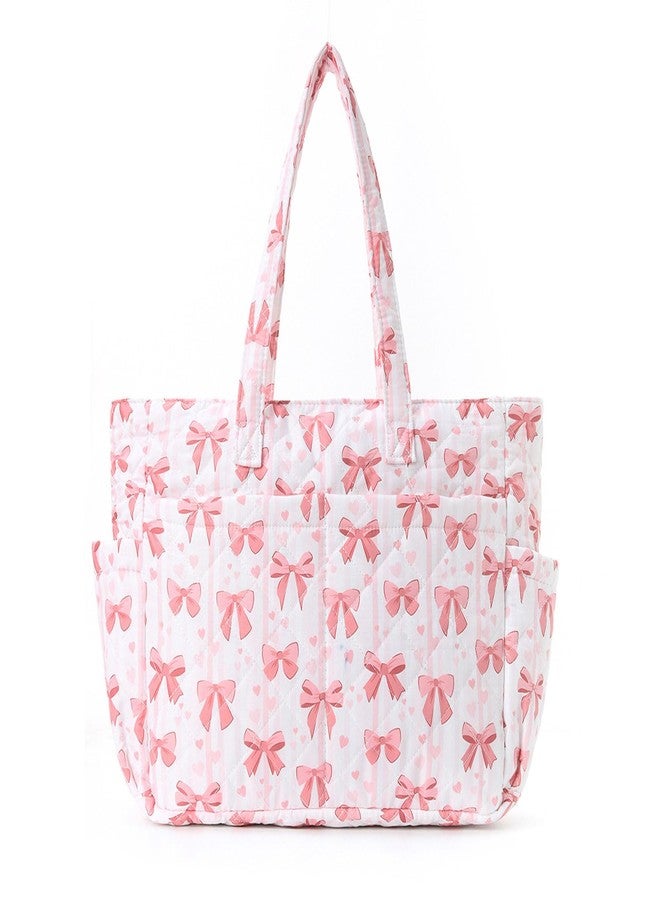 WREWING Puffy Tote Bag for Women, Cute Bow Tote, Quilted Shoulder Bag, Large Handbag for Travel Work Gym (Pink-Bow) - Image 1