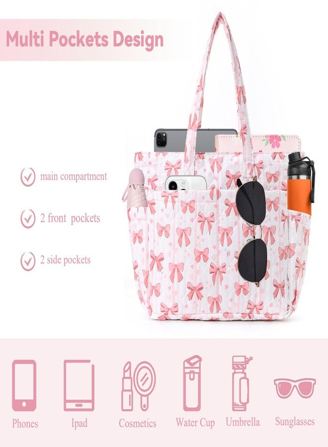 WREWING Puffy Tote Bag for Women, Cute Bow Tote, Quilted Shoulder Bag, Large Handbag for Travel Work Gym (Pink-Bow) - Image 4