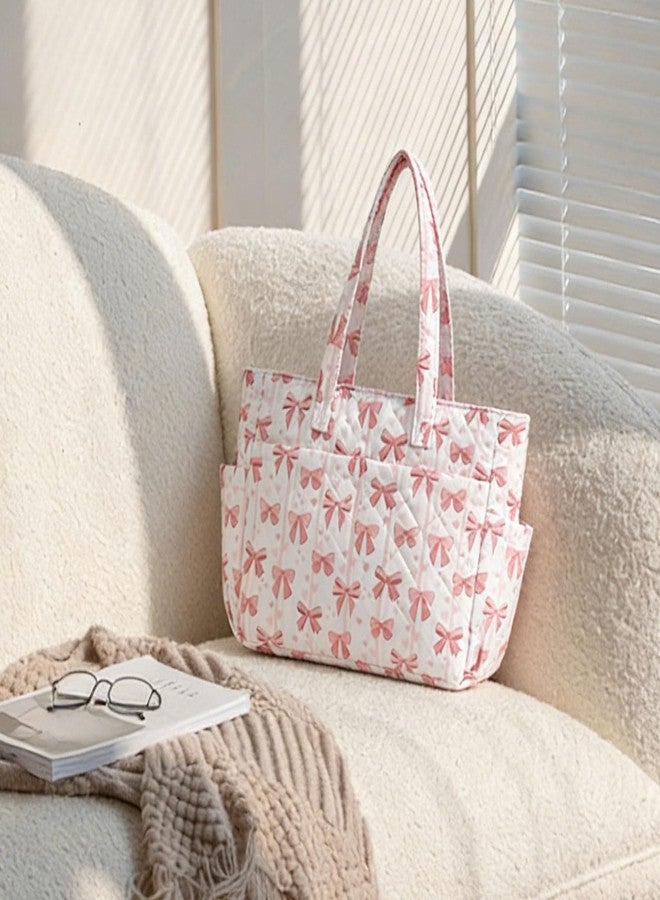 WREWING Puffy Tote Bag for Women, Cute Bow Tote, Quilted Shoulder Bag, Large Handbag for Travel Work Gym (Pink-Bow) - Image 5