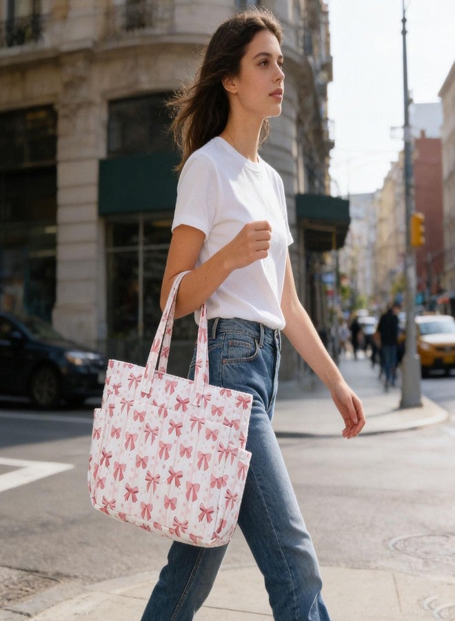 WREWING Puffy Tote Bag for Women, Cute Bow Tote, Quilted Shoulder Bag, Large Handbag for Travel Work Gym (Pink-Bow) - Image 3