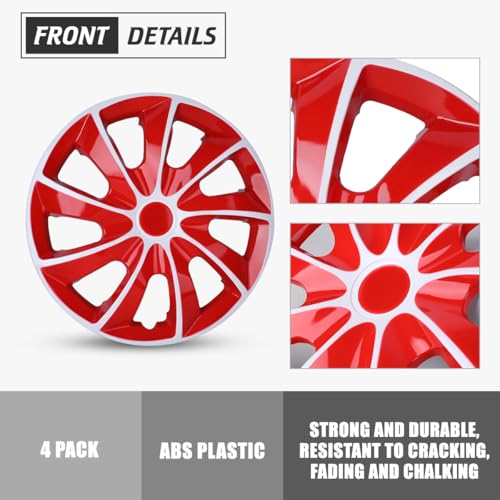 I1MOTOR Hubcaps 14'', Wheel Rim Cover Universal R14 Hub Caps, Snap On Car Pickup Truck SUV, Wheel Covers, ABS & PC Material, Set of 4, 14-Inch, White & Red Lacquer - Image 4