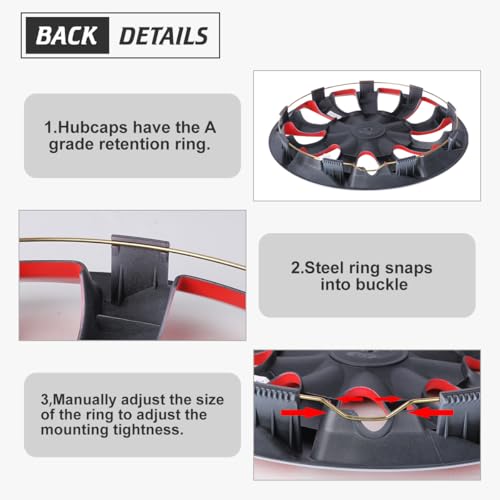 I1MOTOR Hubcaps 14'', Wheel Rim Cover Universal R14 Hub Caps, Snap On Car Pickup Truck SUV, Wheel Covers, ABS & PC Material, Set of 4, 14-Inch, White & Red Lacquer - Image 5