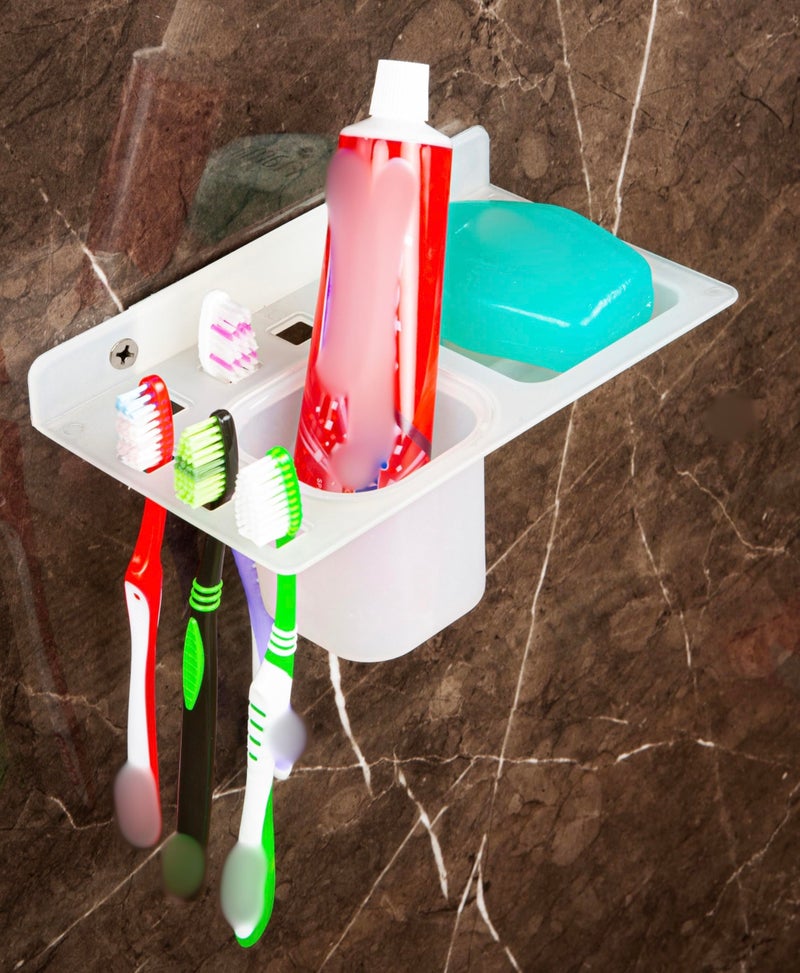 happi حامل صابون هابي غير قابل للكسر من بلاستيك ABS 3 في 1 مع كوب زجاجي وحامل فرشاة أسنان، قاعدة صابون، علبة صابون، حامل صابون مثبت على الحائط للحمام (أبيض) - Image 1