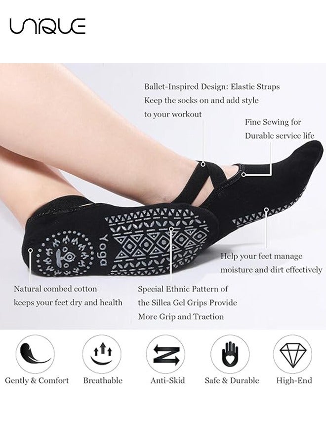 Unique 2Pcs Non Slip Yoga Socks for Women,Yoga Socks for Women Non-Slip Grips & Straps, Ideal for Pilates, Pure Barre, Ballet, Dance, Barefoot Workout（Black + Gray） - Image 2