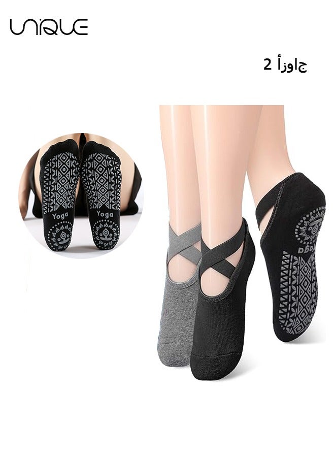 Unique 2Pcs Non Slip Yoga Socks for Women,Yoga Socks for Women Non-Slip Grips & Straps, Ideal for Pilates, Pure Barre, Ballet, Dance, Barefoot Workout（Black + Gray） - Image 1