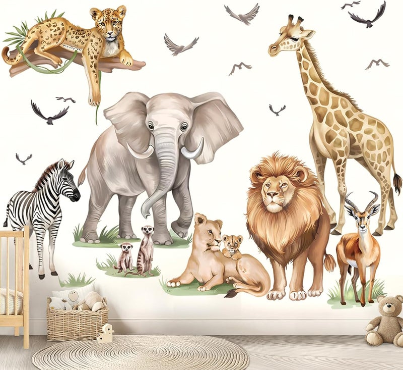 wondever Large Safari Animals Wall Stickers Jungle Lion Leopard Giraffe Peel and Stick Wall Art Decals for Baby Nursery Kids Bedroom Living Room - Image 1