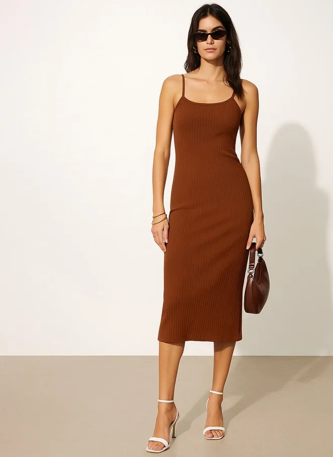 SASSAFRAS Brown Bodycon Midi Dress for Women
