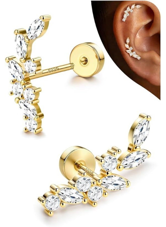 14K Gold Plated Flat Back Cartilage Earrings – 925 Sterling Silver Stud, 20G Hypoallergenic for Sensitive Ears, 6 mm Post, Gold - Image 1