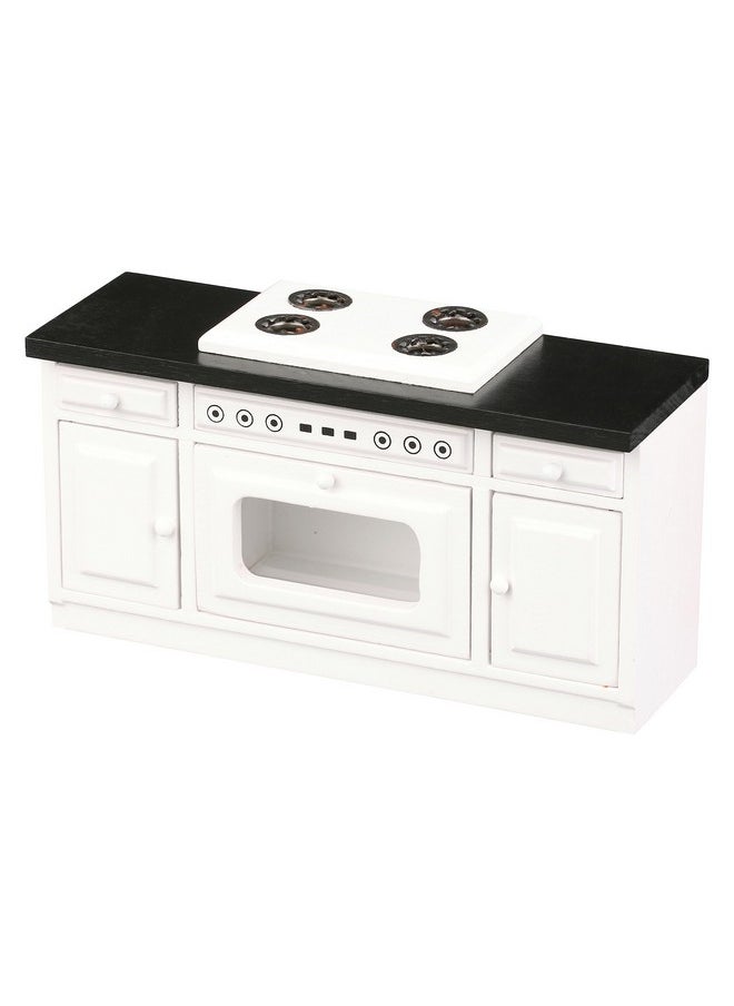 Inusitus - Wooden Dollhouse Kitchen Stove Miniature Dolls House Oven Four Burners Range Cabinet 1/12 Scale White Farmhouse - Image 1