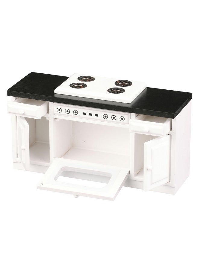 Inusitus - Wooden Dollhouse Kitchen Stove Miniature Dolls House Oven Four Burners Range Cabinet 1/12 Scale White Farmhouse - Image 1