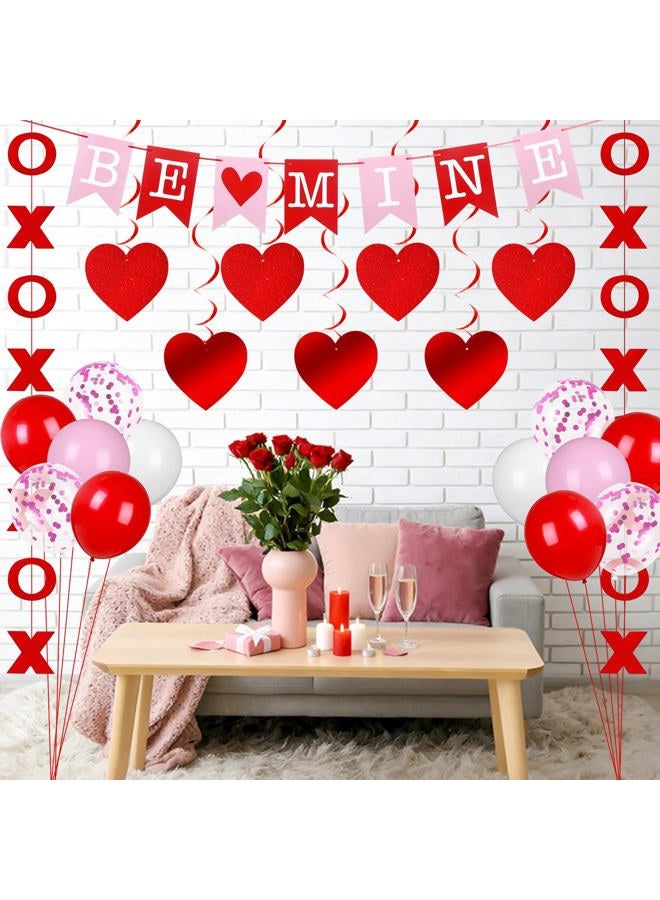 OBUSATT 45 Pcs Valentines Day Decorations Set Hanging Heart Swirls BE Mine Banner X and O Garlands Happy Anniversary Red Pink White Balloons Bedroom Decor for Valentines Home Office Classroom Wedding Party - Image 2