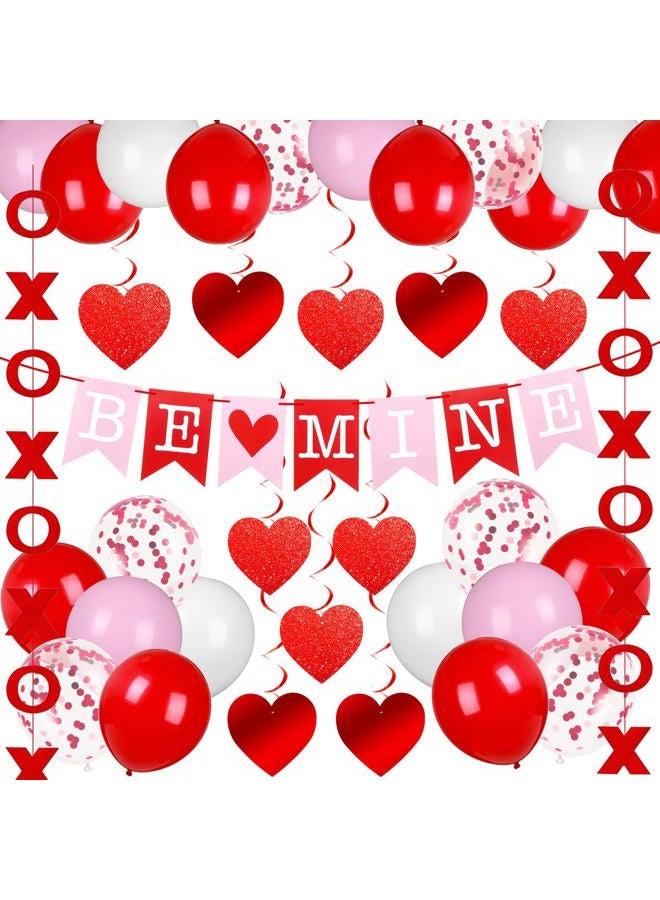 OBUSATT 45 Pcs Valentines Day Decorations Set Hanging Heart Swirls BE Mine Banner X and O Garlands Happy Anniversary Red Pink White Balloons Bedroom Decor for Valentines Home Office Classroom Wedding Party - Image 1
