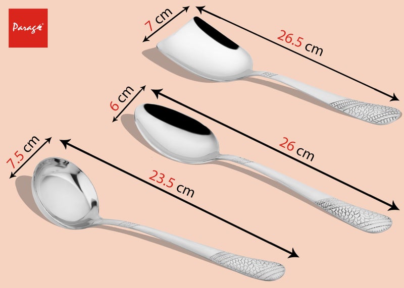 Parage 4 Pieces Stainless Steel Serving Spoons Set for Dining Table/Kitchen, 1.8 mm Heavy Gauge (1 Soup Ladle (Karchi), 1 Solid Spoon (Chamcha), 2 Rice/Serving Spoons), Silver (Pack of 4) - Image 3