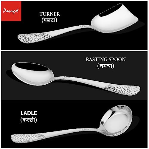 Parage 4 Pieces Stainless Steel Serving Spoons Set for Dining Table/Kitchen, 1.8 mm Heavy Gauge (1 Soup Ladle (Karchi), 1 Solid Spoon (Chamcha), 2 Rice/Serving Spoons), Silver (Pack of 4) - Image 4