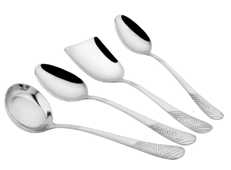 Parage 4 Pieces Stainless Steel Serving Spoons Set for Dining Table/Kitchen, 1.8 mm Heavy Gauge (1 Soup Ladle (Karchi), 1 Solid Spoon (Chamcha), 2 Rice/Serving Spoons), Silver (Pack of 4) - Image 1