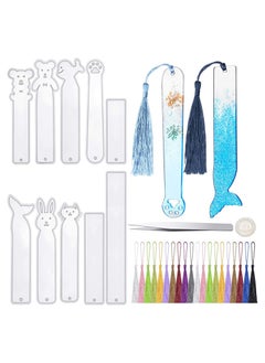 Excefore Bookmark 10 Pieces Silicone Bookmark Resin Mold DIY Bookmark Mould Epoxy Resin Casting Mold in 10 Cute Styles with 20 Pieces Random Color Tassels Craft, 20 Finger Cots and 1 Pcs Tweezers for DIY Craft  - Image 1