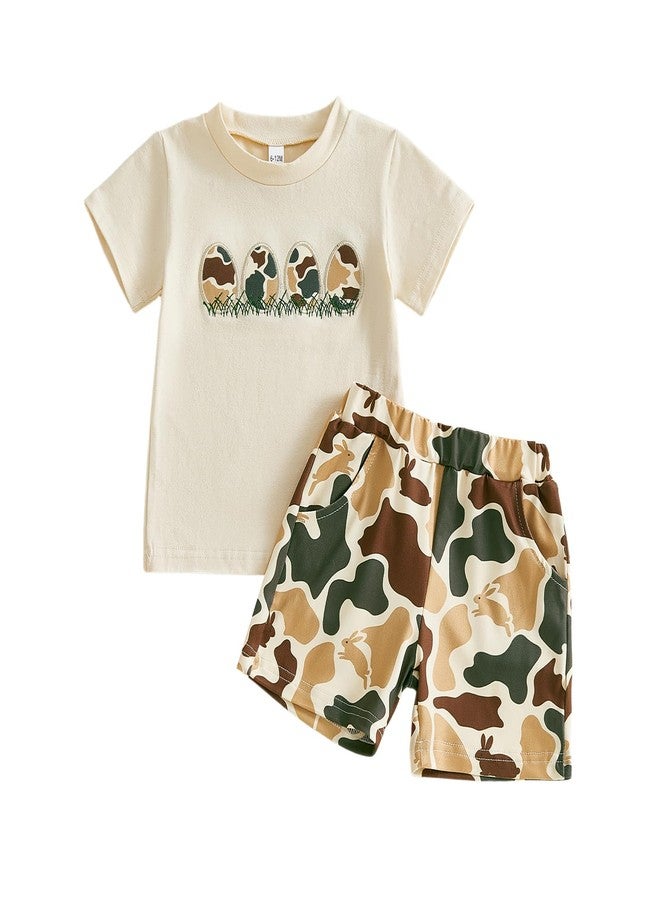 KMBANGI Toddler Baby Boy Egg Hunt Outfit Short Sleeve Easter Egg T-Shirt Pullover Tops Camo Shorts 2Pcs Set Hunting Clothes (Khaki, 12-18 Months) - Image 1