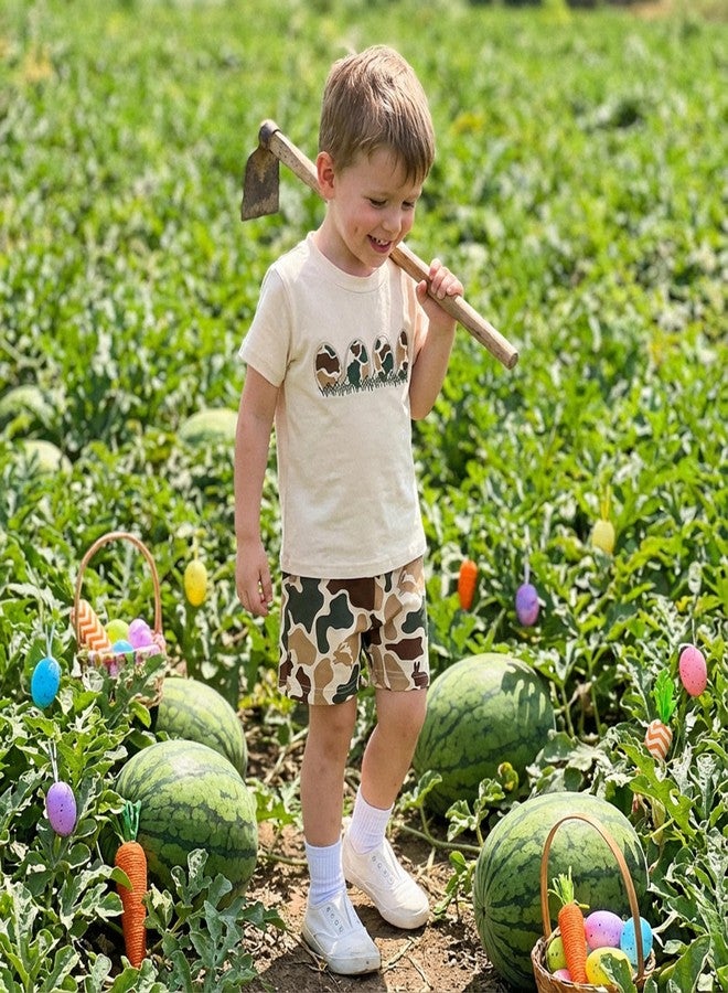 KMBANGI Toddler Baby Boy Egg Hunt Outfit Short Sleeve Easter Egg T-Shirt Pullover Tops Camo Shorts 2Pcs Set Hunting Clothes (Khaki, 12-18 Months) - Image 3