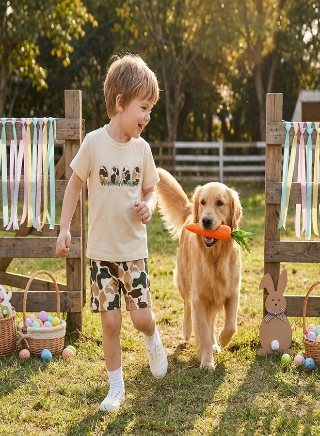 KMBANGI Toddler Baby Boy Egg Hunt Outfit Short Sleeve Easter Egg T-Shirt Pullover Tops Camo Shorts 2Pcs Set Hunting Clothes (Khaki, 12-18 Months) - Image 2