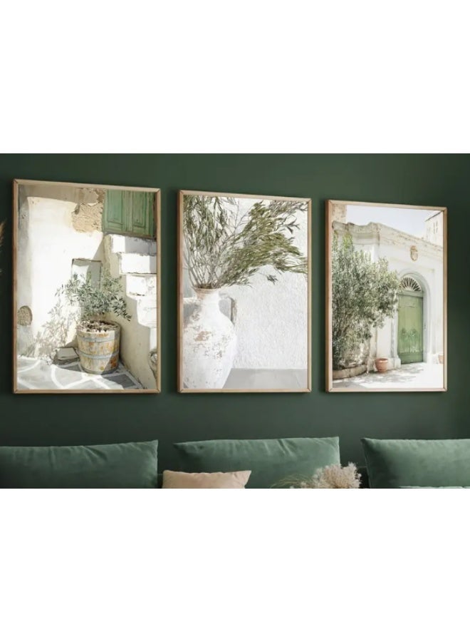 Three sheep Mediterranean Wall Art Set of 3, Greek Olive Branch Canvas Prints, Framed White & Green Decor for Living Room Bedroom, Light Wood Frame - Image 1