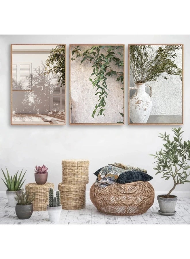 Three sheep Mediterranean Wall Art Set of 3, Greek Olive Branch Canvas Prints, Framed White & Green Decor for Living Room Bedroom, Light Wood Frame - Image 2