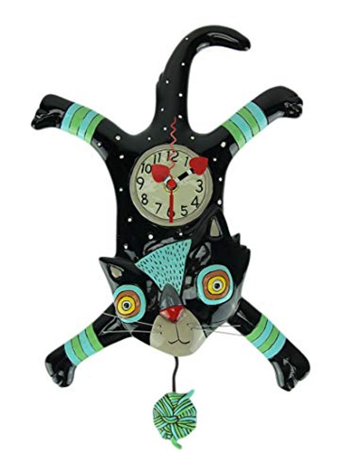ENESCO CRAFT ATTACK CAT WITH YARN SCULPTED PENDULUM WALL CLOCK 1625 INCH MULTICOLOR