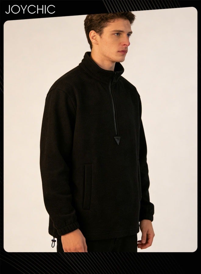 Joychic Classic Solid Color Long Sleeve Half Zipped Pullover Hoodie Autumn and Winter Outdoor Warm Sweatshirt  for Men Black - Image 2