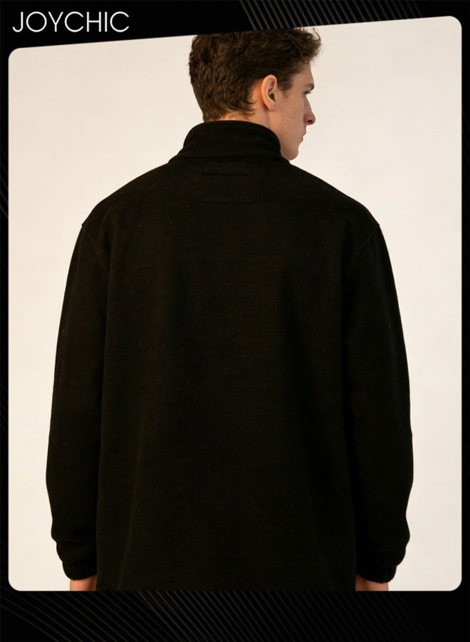 Joychic Classic Solid Color Long Sleeve Half Zipped Pullover Hoodie Autumn and Winter Outdoor Warm Sweatshirt  for Men Black - Image 3