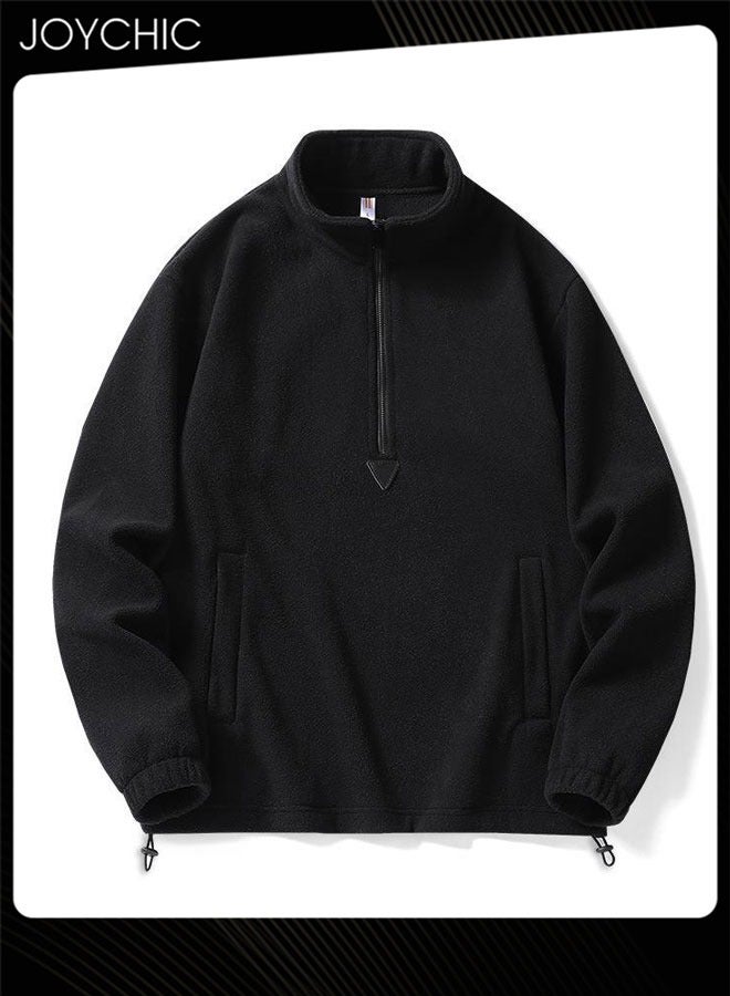 Joychic Classic Solid Color Long Sleeve Half Zipped Pullover Hoodie Autumn and Winter Outdoor Warm Sweatshirt  for Men Black - Image 4